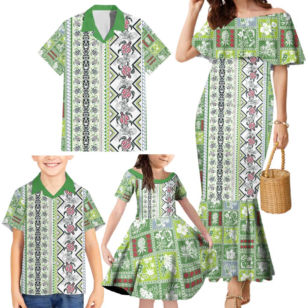 Hawaii Makahiki Turtle Family Matching Mermaid Dress and Hawaiian Shirt Green Tapa Pattern - Polynesian Pride