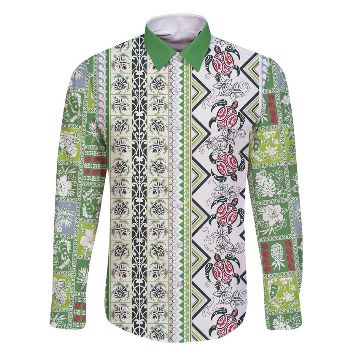 Hawaii Makahiki Turtle Family Matching Off The Shoulder Long Sleeve Dress and Hawaiian Shirt Green Tapa Pattern - Polynesian Pride