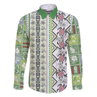 Hawaii Makahiki Turtle Family Matching Off The Shoulder Long Sleeve Dress and Hawaiian Shirt Green Tapa Pattern - Polynesian Pride
