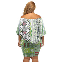 Hawaii Makahiki Turtle Family Matching Off Shoulder Short Dress and Hawaiian Shirt Green Tapa Pattern - Polynesian Pride