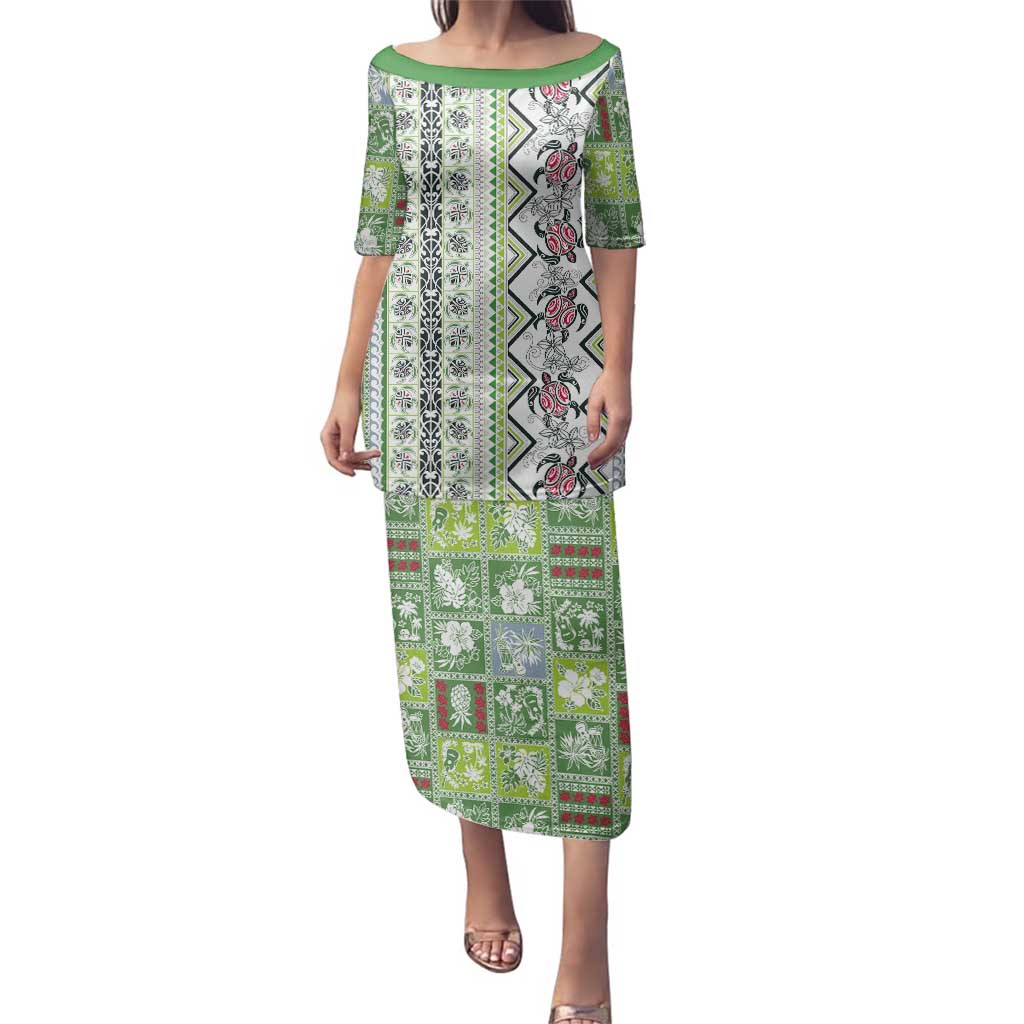 Hawaii Makahiki Turtle Family Matching Puletasi and Hawaiian Shirt Green Tapa Pattern LT05 Mom's Dress Green - Polynesian Pride