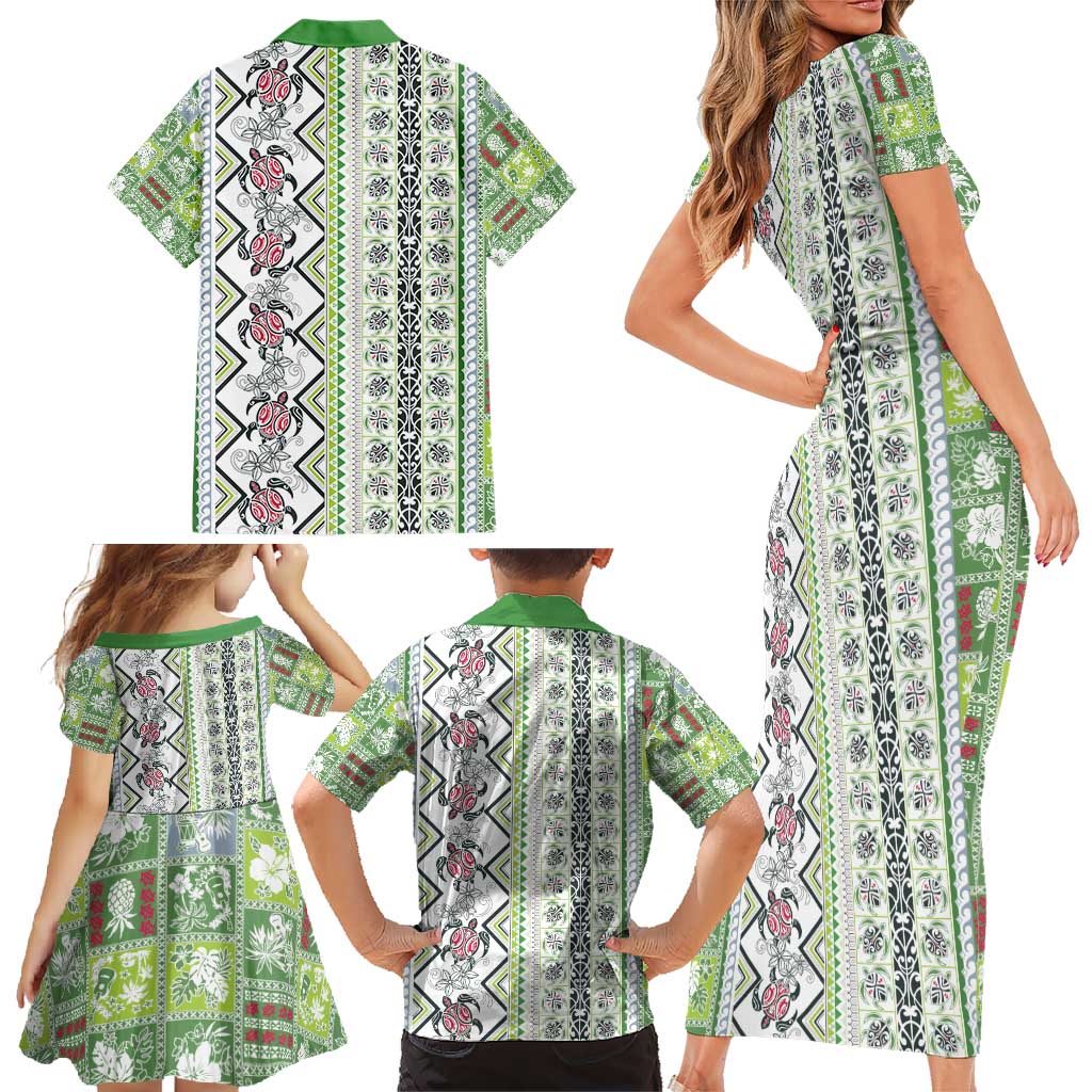 Hawaii Makahiki Turtle Family Matching Short Sleeve Bodycon Dress and Hawaiian Shirt Green Tapa Pattern - Polynesian Pride