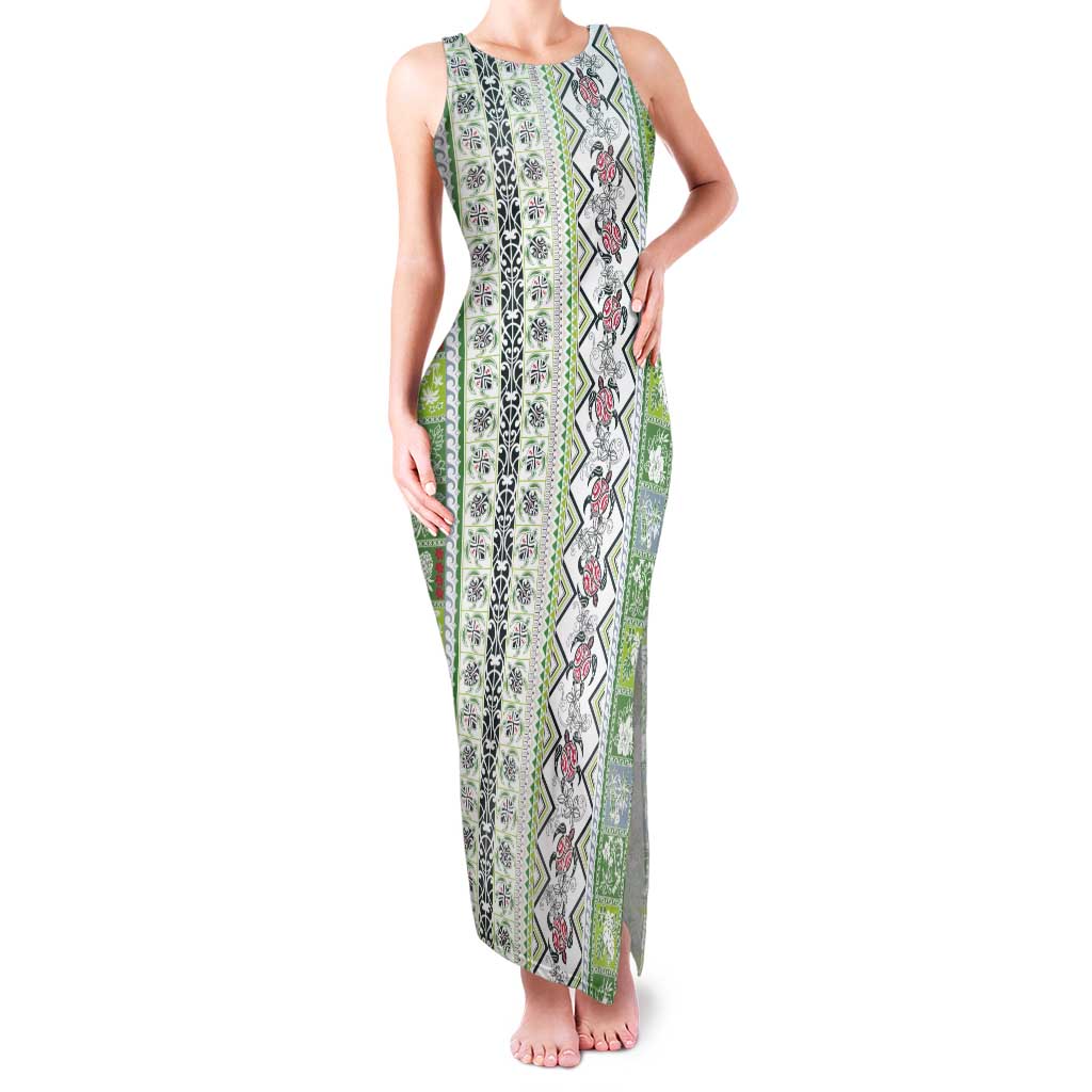 Hawaii Makahiki Turtle Family Matching Tank Maxi Dress and Hawaiian Shirt Green Tapa Pattern - Polynesian Pride
