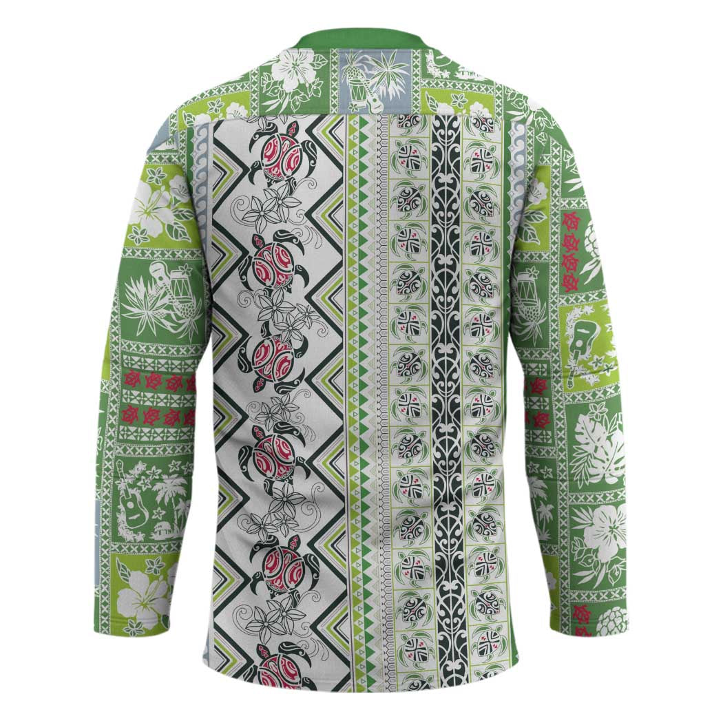 Hawaii Makahiki Turtle Hockey Jersey Green Tapa Pattern - Polynesian Pride