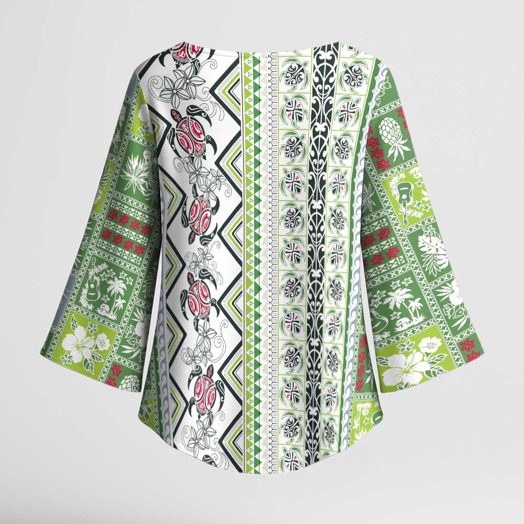 Hawaii Makahiki Turtle Kimono Sleeve Blouse Green Tapa Pattern - Polynesian Pride