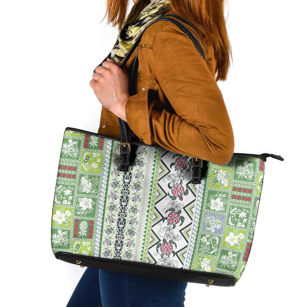 Hawaii Makahiki Turtle Leather Tote Bag Green Tapa Pattern LT05 Green - Polynesian Pride