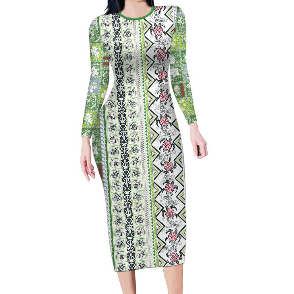 Hawaii Makahiki Turtle Long Sleeve Bodycon Dress Green Tapa Pattern - Polynesian Pride