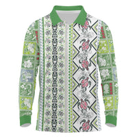 Hawaii Makahiki Turtle Long Sleeve Polo Shirt Green Tapa Pattern - Polynesian Pride