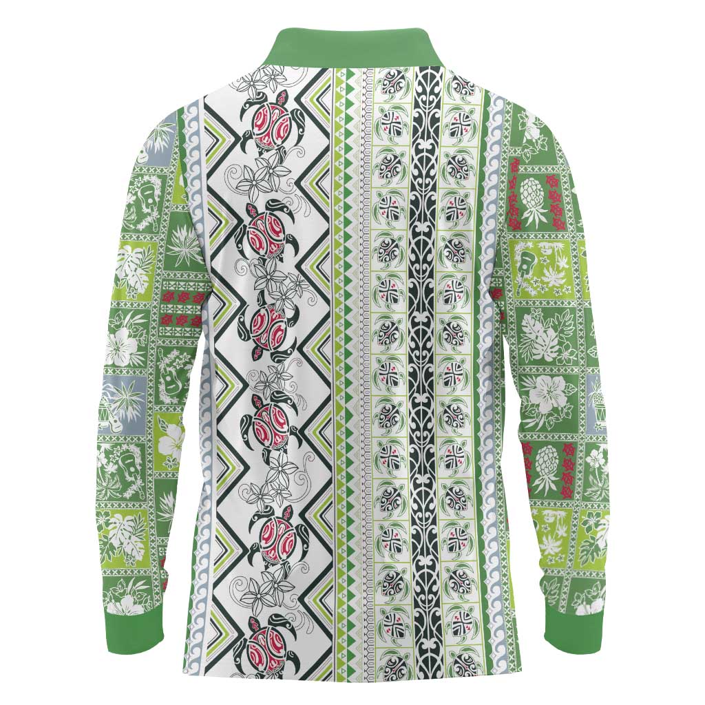 Hawaii Makahiki Turtle Long Sleeve Polo Shirt Green Tapa Pattern - Polynesian Pride