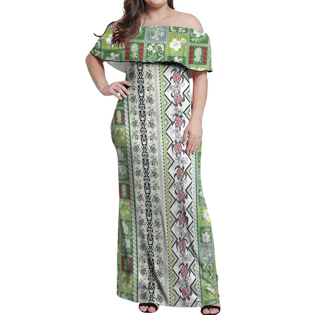 Hawaii Makahiki Turtle Off Shoulder Maxi Dress Green Tapa Pattern - Polynesian Pride