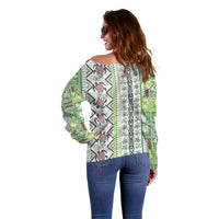 Hawaii Makahiki Turtle Off Shoulder Sweater Green Tapa Pattern - Polynesian Pride