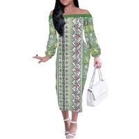 Hawaii Makahiki Turtle Off The Shoulder Long Sleeve Dress Green Tapa Pattern - Polynesian Pride