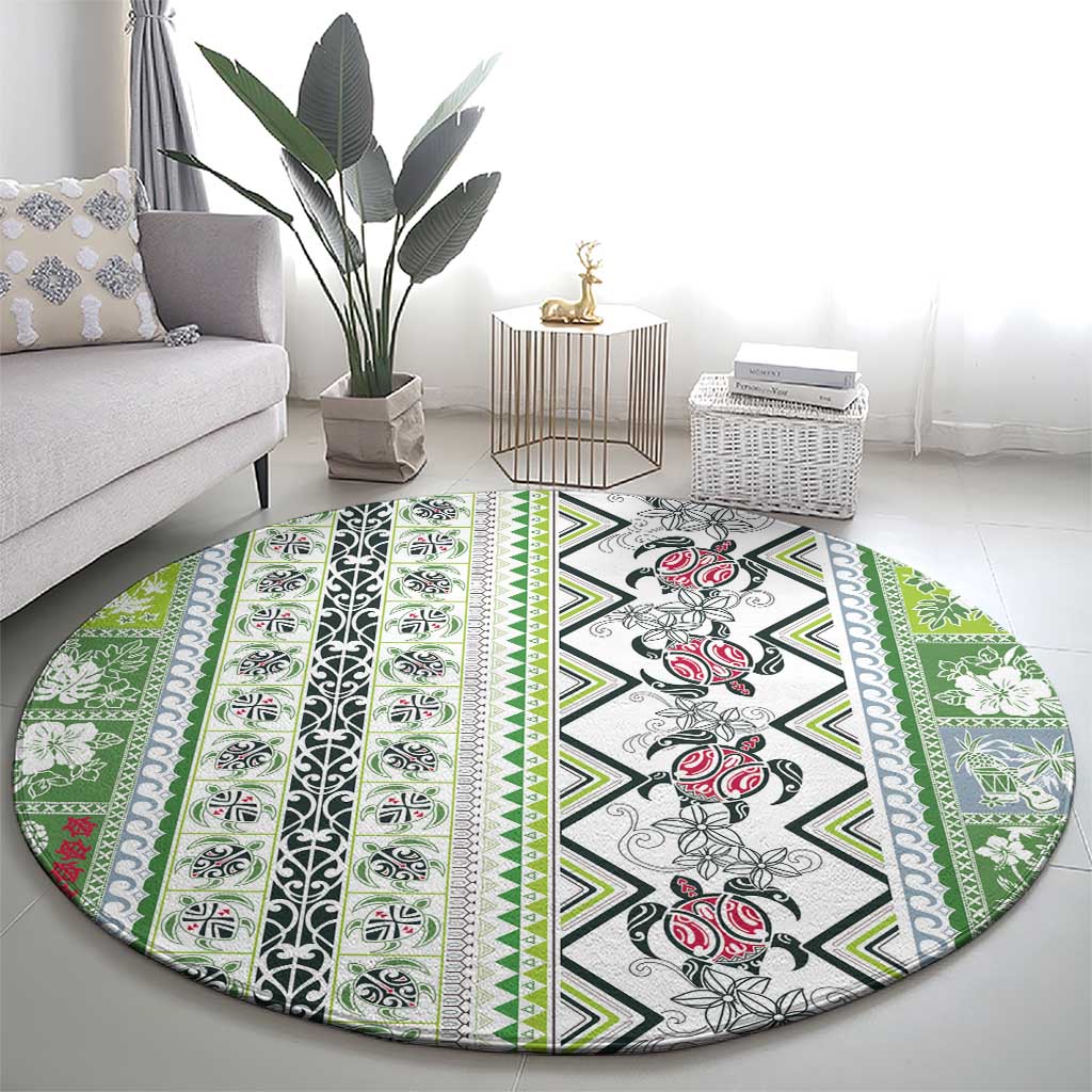 Hawaii Makahiki Turtle Round Carpet Green Tapa Pattern - Polynesian Pride