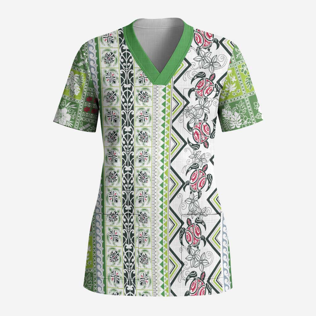 Hawaii Makahiki Turtle Scrub Top Green Tapa Pattern LT05 Adult Green - Polynesian Pride