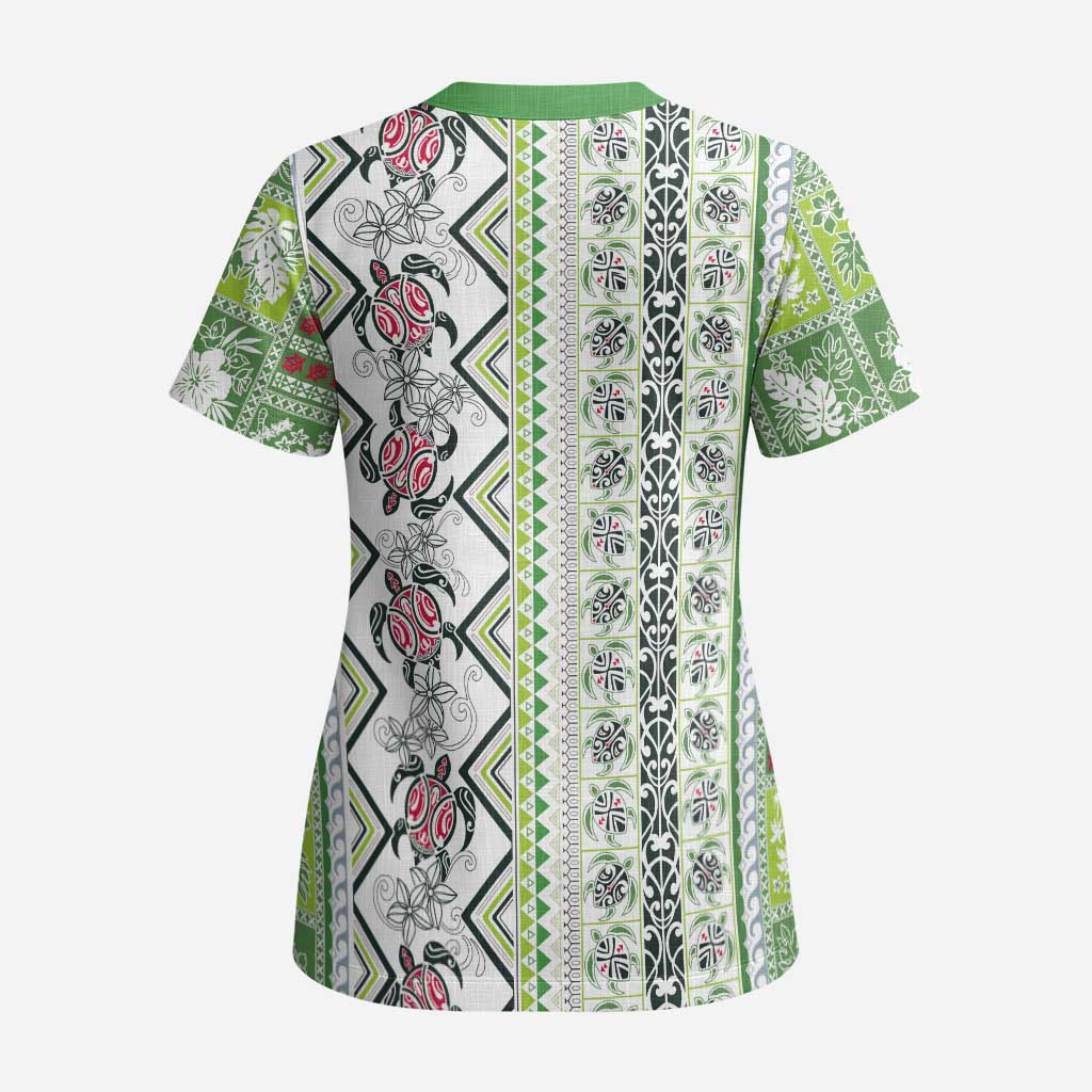 Hawaii Makahiki Turtle Scrub Top Green Tapa Pattern - Polynesian Pride