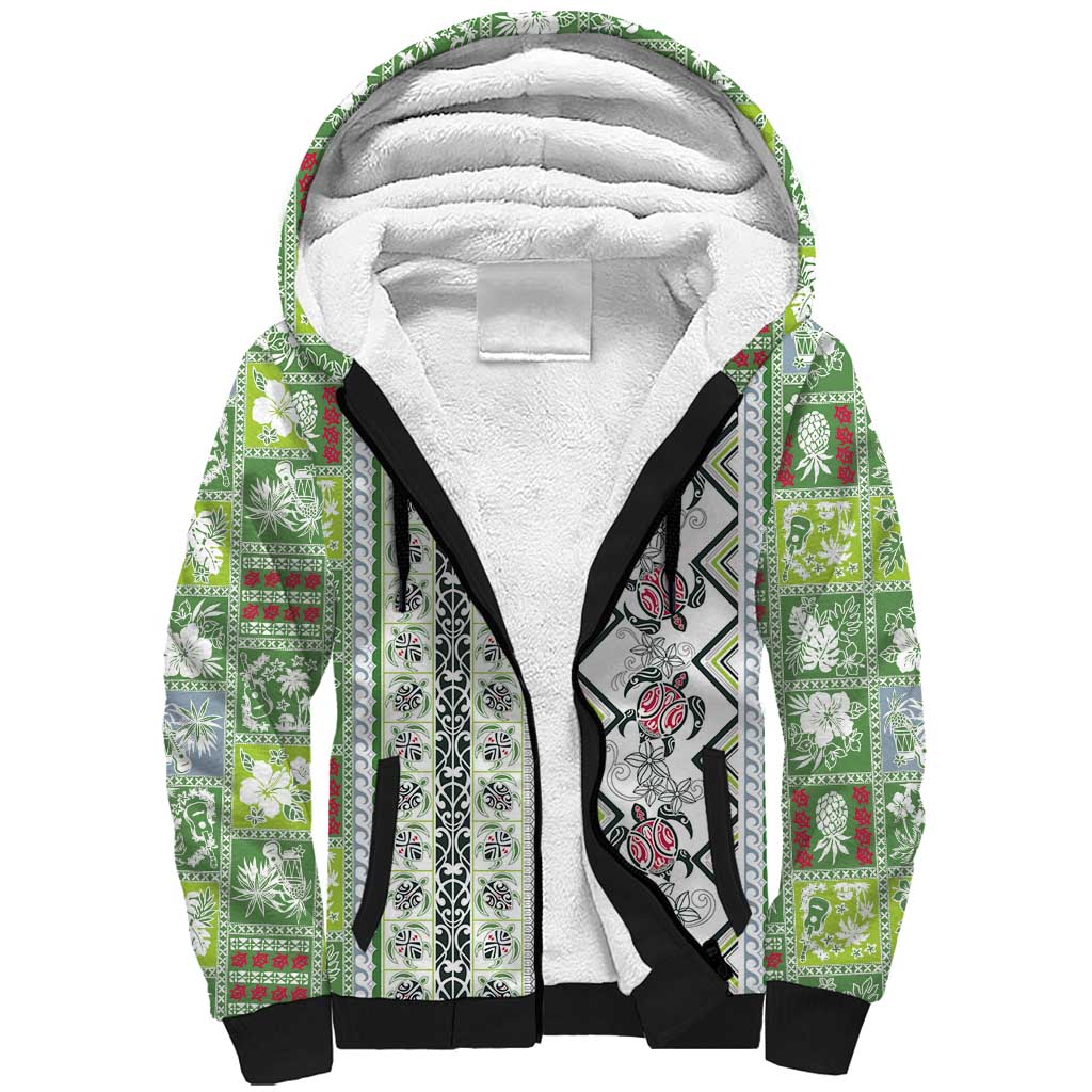 Hawaii Makahiki Turtle Sherpa Hoodie Green Tapa Pattern LT05 Unisex Green - Polynesian Pride