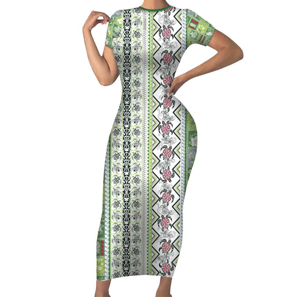 Hawaii Makahiki Turtle Short Sleeve Bodycon Dress Green Tapa Pattern - Polynesian Pride