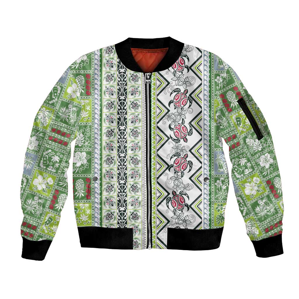 Hawaii Makahiki Turtle Sleeve Zip Bomber Jacket Green Tapa Pattern - Polynesian Pride