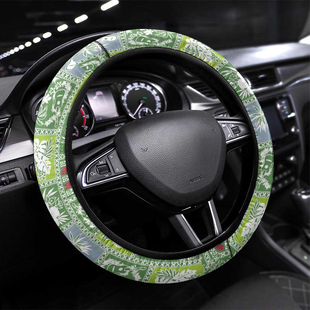 Hawaii Makahiki Turtle Steering Wheel Cover Green Tapa Pattern LT05 Universal Fit Green - Polynesian Pride