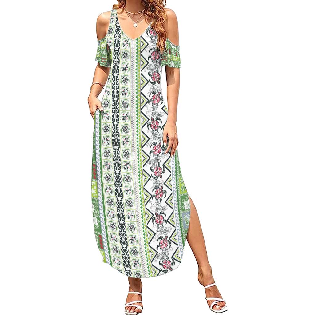 Hawaii Makahiki Turtle Summer Maxi Dress Green Tapa Pattern - Polynesian Pride