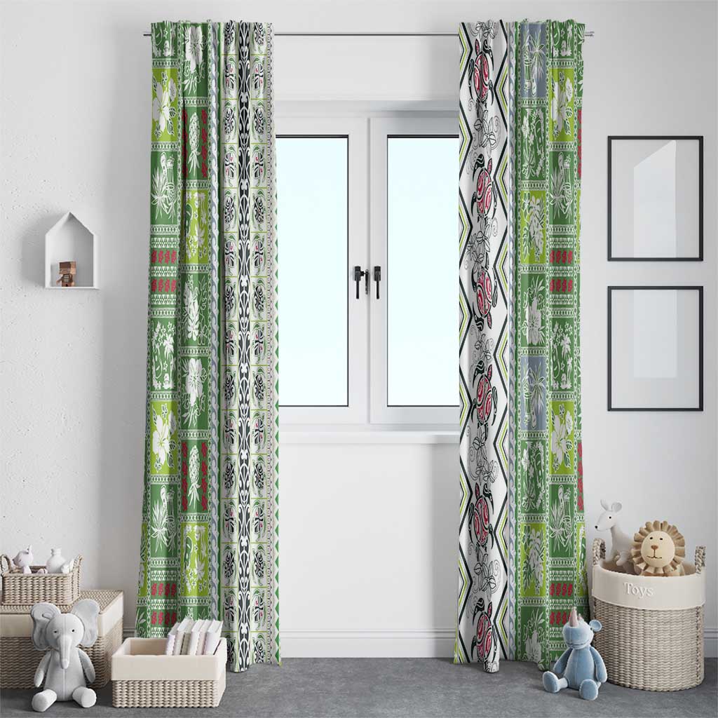 Hawaii Makahiki Turtle Window Curtain Green Tapa Pattern - Polynesian Pride