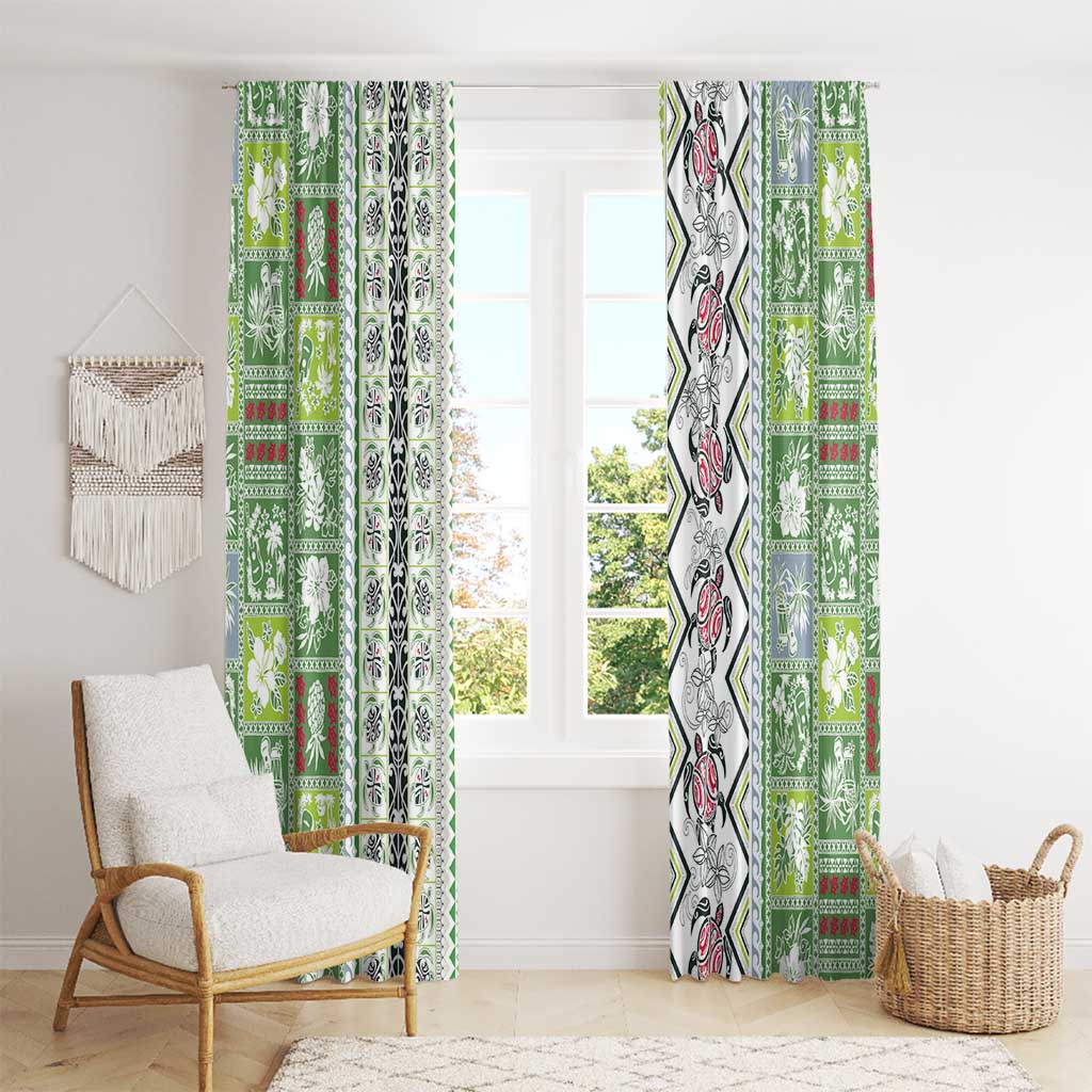 Hawaii Makahiki Turtle Window Curtain Green Tapa Pattern - Polynesian Pride