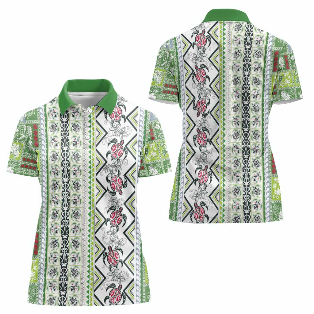 Hawaii Makahiki Turtle Women Polo Shirt Green Tapa Pattern - Polynesian Pride