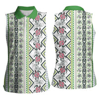 Hawaii Makahiki Turtle Women Sleeveless Polo Shirt Green Tapa Pattern - Polynesian Pride