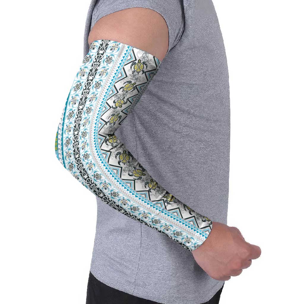 Hawaii Makahiki Turtle Arm Sleeves Blue Tapa Pattern - Polynesian Pride