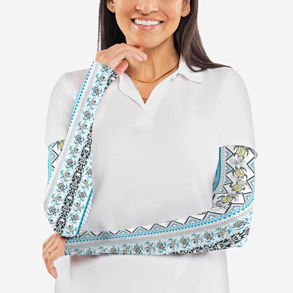 Hawaii Makahiki Turtle Arm Sleeves Blue Tapa Pattern - Polynesian Pride