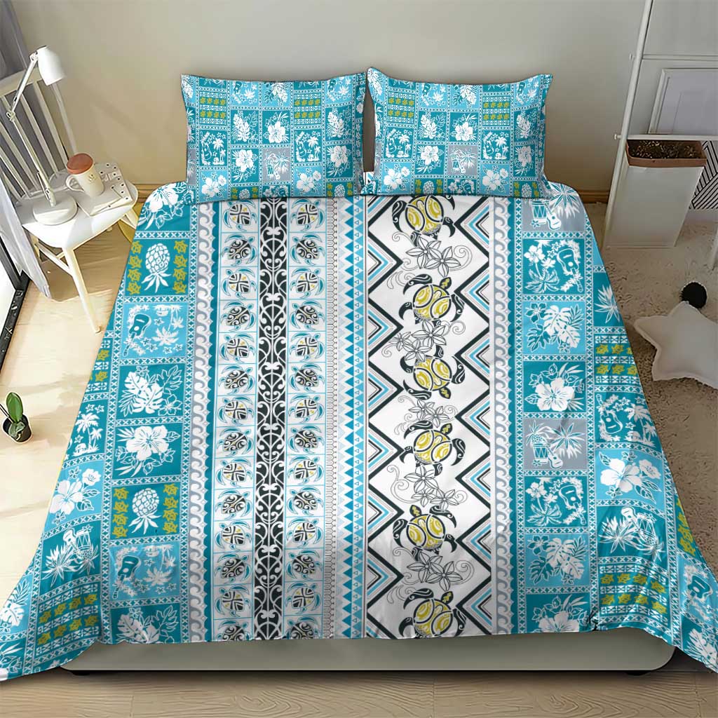Hawaii Makahiki Turtle Bedding Set Blue Tapa Pattern - Polynesian Pride