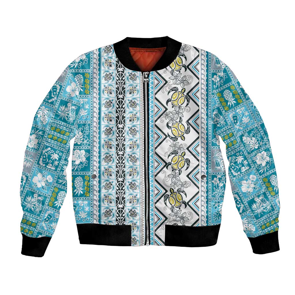 Hawaii Makahiki Turtle Bomber Jacket Blue Tapa Pattern - Polynesian Pride