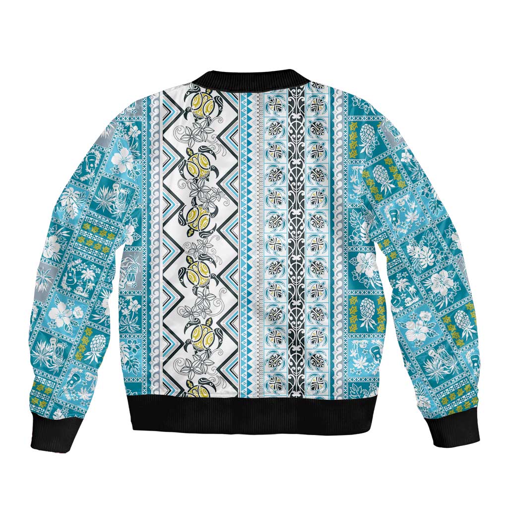 Hawaii Makahiki Turtle Bomber Jacket Blue Tapa Pattern - Polynesian Pride