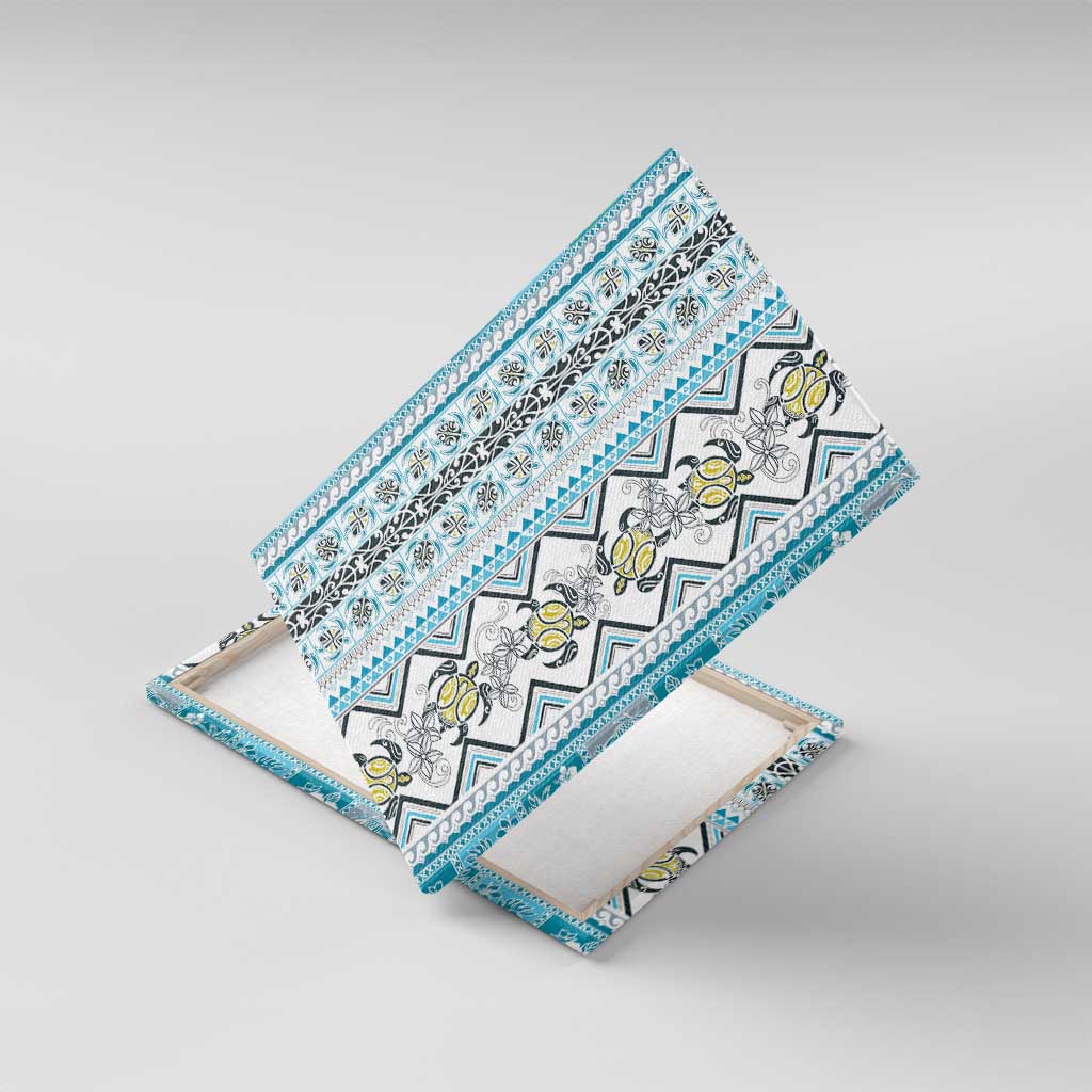 Hawaii Makahiki Turtle Canvas Wall Art Blue Tapa Pattern - Polynesian Pride