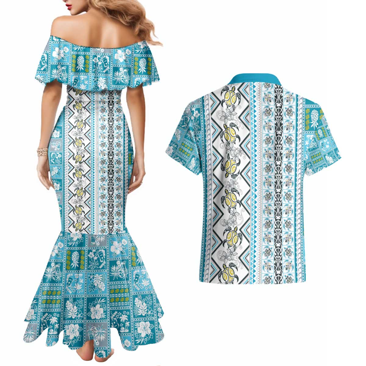 Hawaii Makahiki Turtle Couples Matching Mermaid Dress and Hawaiian Shirt Blue Tapa Pattern - Polynesian Pride