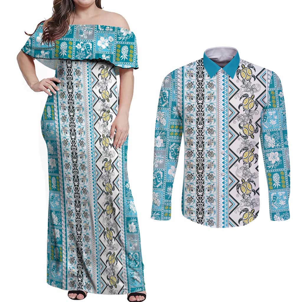 Hawaii Makahiki Turtle Couples Matching Off Shoulder Maxi Dress and Long Sleeve Button Shirt Blue Tapa Pattern - Polynesian Pride