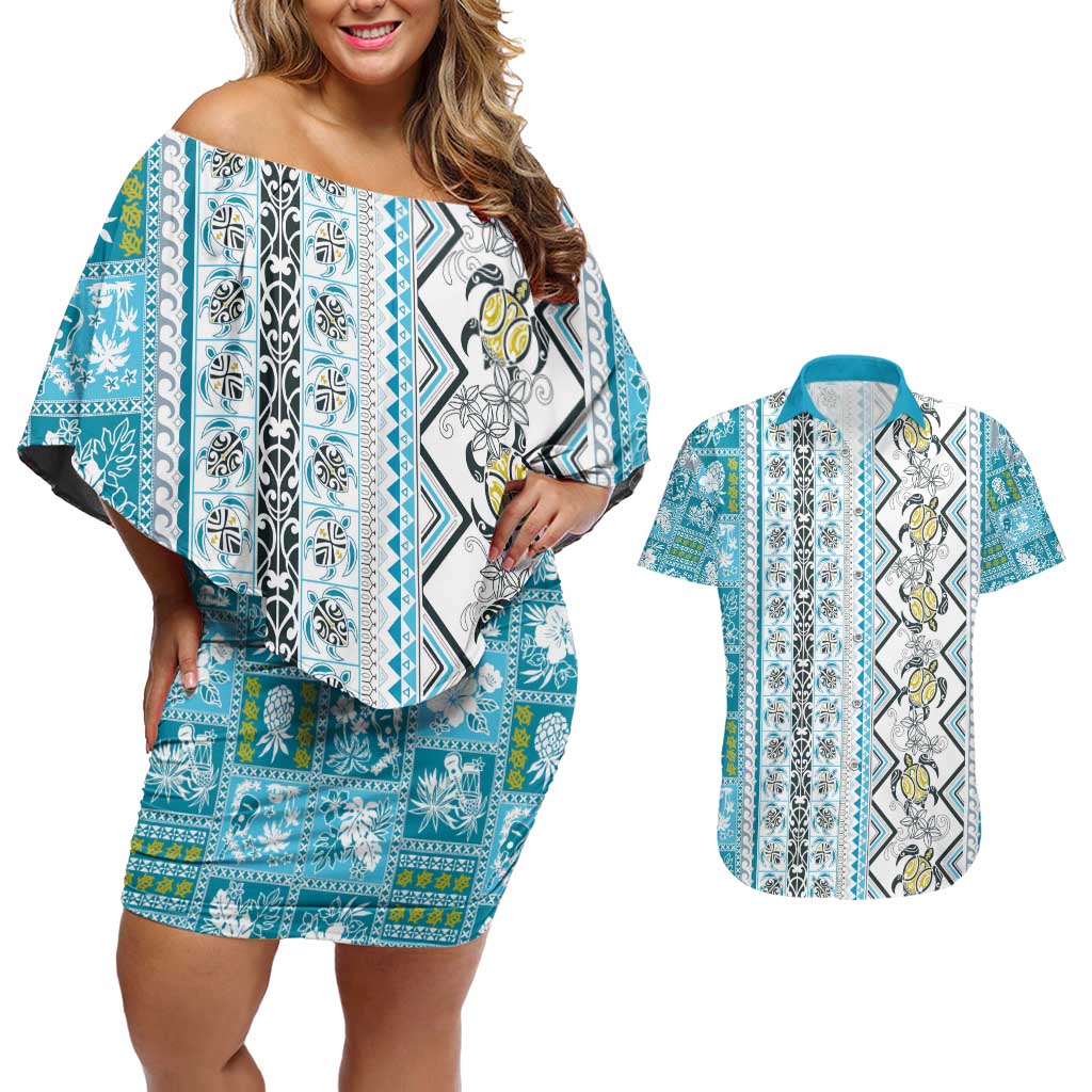 Hawaii Makahiki Turtle Couples Matching Off Shoulder Short Dress and Hawaiian Shirt Blue Tapa Pattern - Polynesian Pride