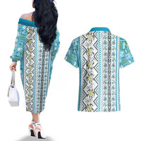 Hawaii Makahiki Turtle Couples Matching Off The Shoulder Long Sleeve Dress and Hawaiian Shirt Blue Tapa Pattern - Polynesian Pride