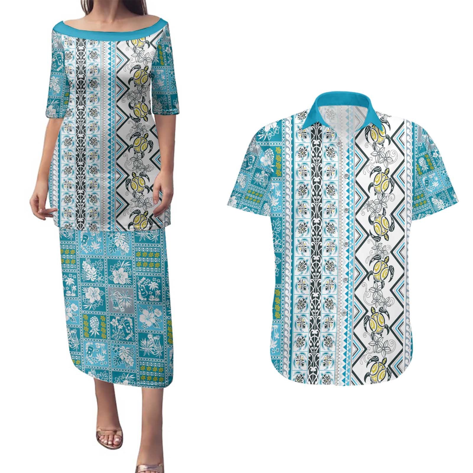 Hawaii Makahiki Turtle Couples Matching Puletasi and Hawaiian Shirt Blue Tapa Pattern - Polynesian Pride