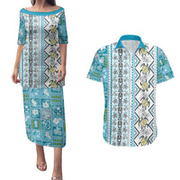 Hawaii Makahiki Turtle Couples Matching Puletasi and Hawaiian Shirt Blue Tapa Pattern LT05 Blue - Polynesian Pride