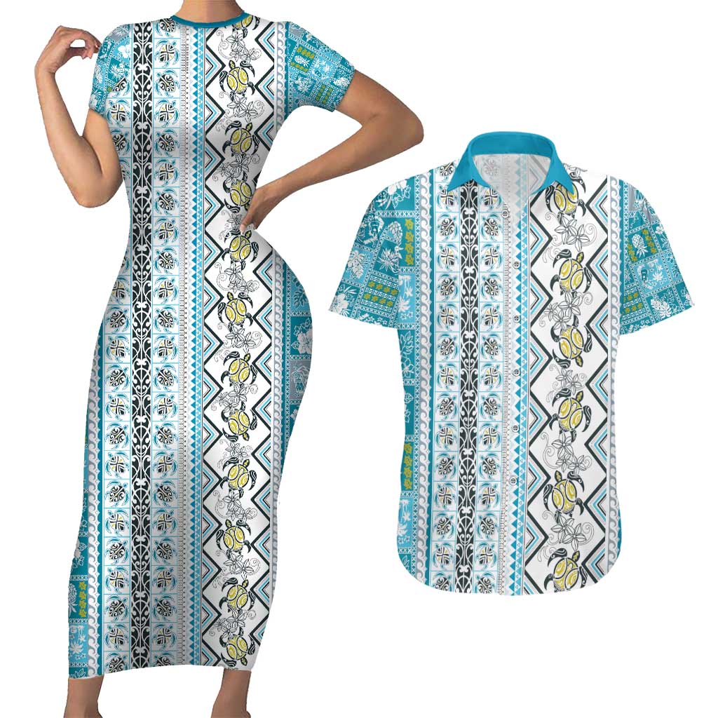 Hawaii Makahiki Turtle Couples Matching Short Sleeve Bodycon Dress and Hawaiian Shirt Blue Tapa Pattern - Polynesian Pride