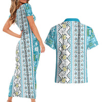 Hawaii Makahiki Turtle Couples Matching Short Sleeve Bodycon Dress and Hawaiian Shirt Blue Tapa Pattern - Polynesian Pride