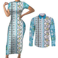 Hawaii Makahiki Turtle Couples Matching Short Sleeve Bodycon Dress and Long Sleeve Button Shirt Blue Tapa Pattern - Polynesian Pride