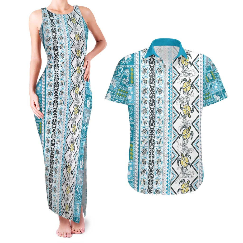 Hawaii Makahiki Turtle Couples Matching Tank Maxi Dress and Hawaiian Shirt Blue Tapa Pattern - Polynesian Pride