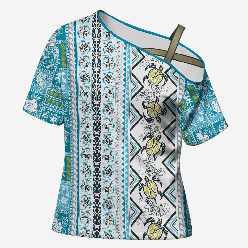 Hawaii Makahiki Turtle Cross Shoulder Shirt Blue Tapa Pattern - Polynesian Pride
