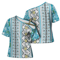 Hawaii Makahiki Turtle Cross Shoulder Shirt Blue Tapa Pattern - Polynesian Pride