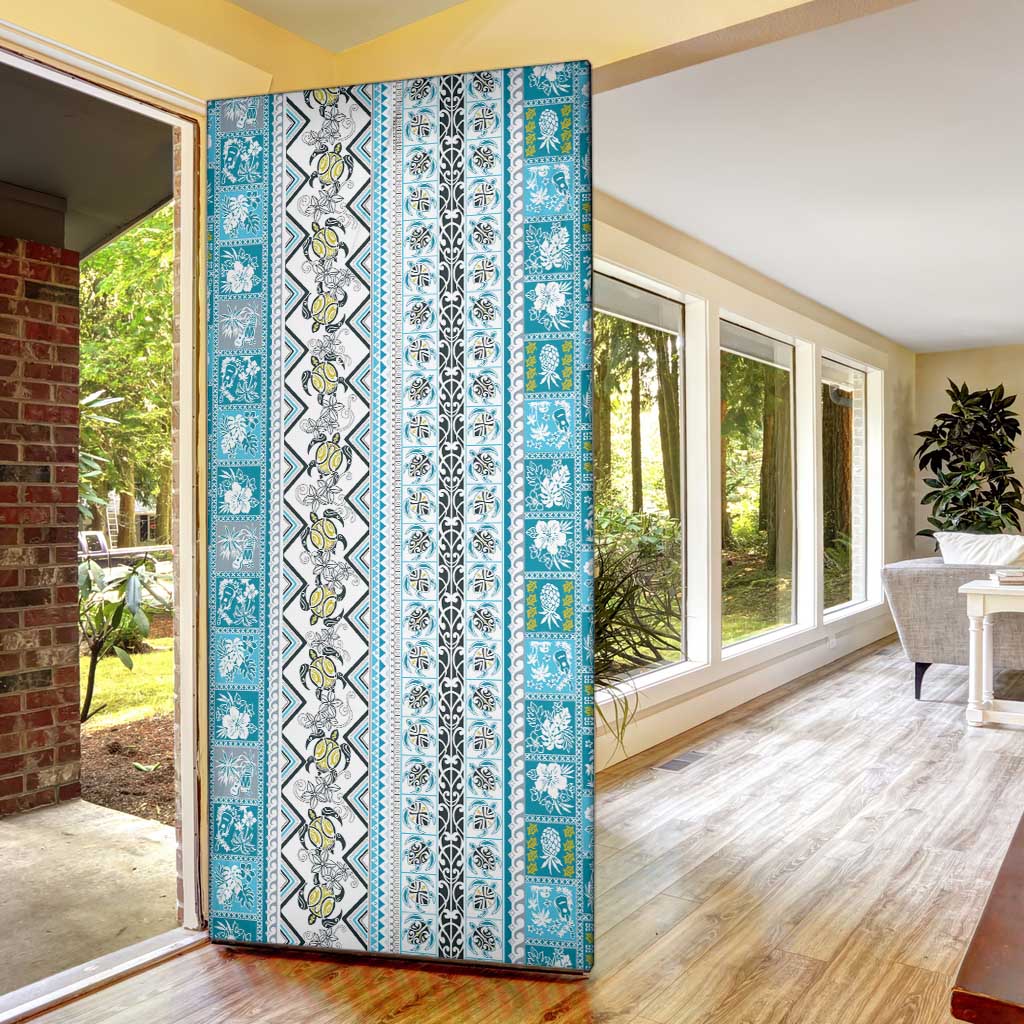 Hawaii Makahiki Turtle Door Cover Blue Tapa Pattern - Polynesian Pride