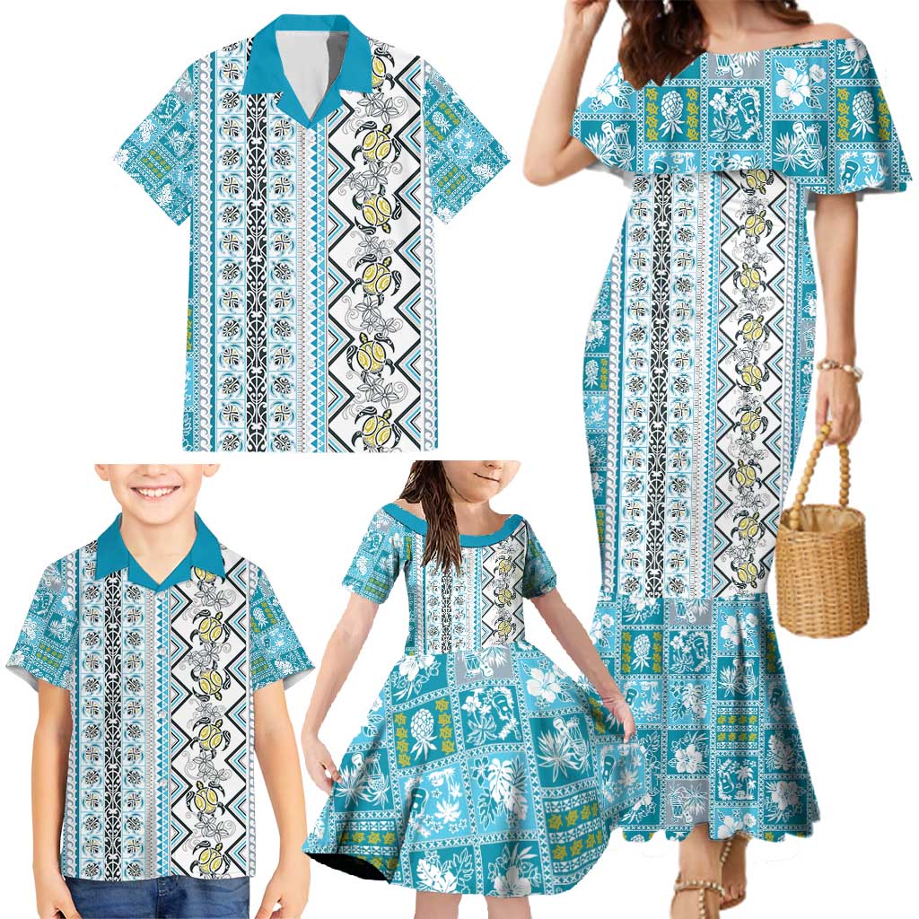 Hawaii Makahiki Turtle Family Matching Mermaid Dress and Hawaiian Shirt Blue Tapa Pattern - Polynesian Pride