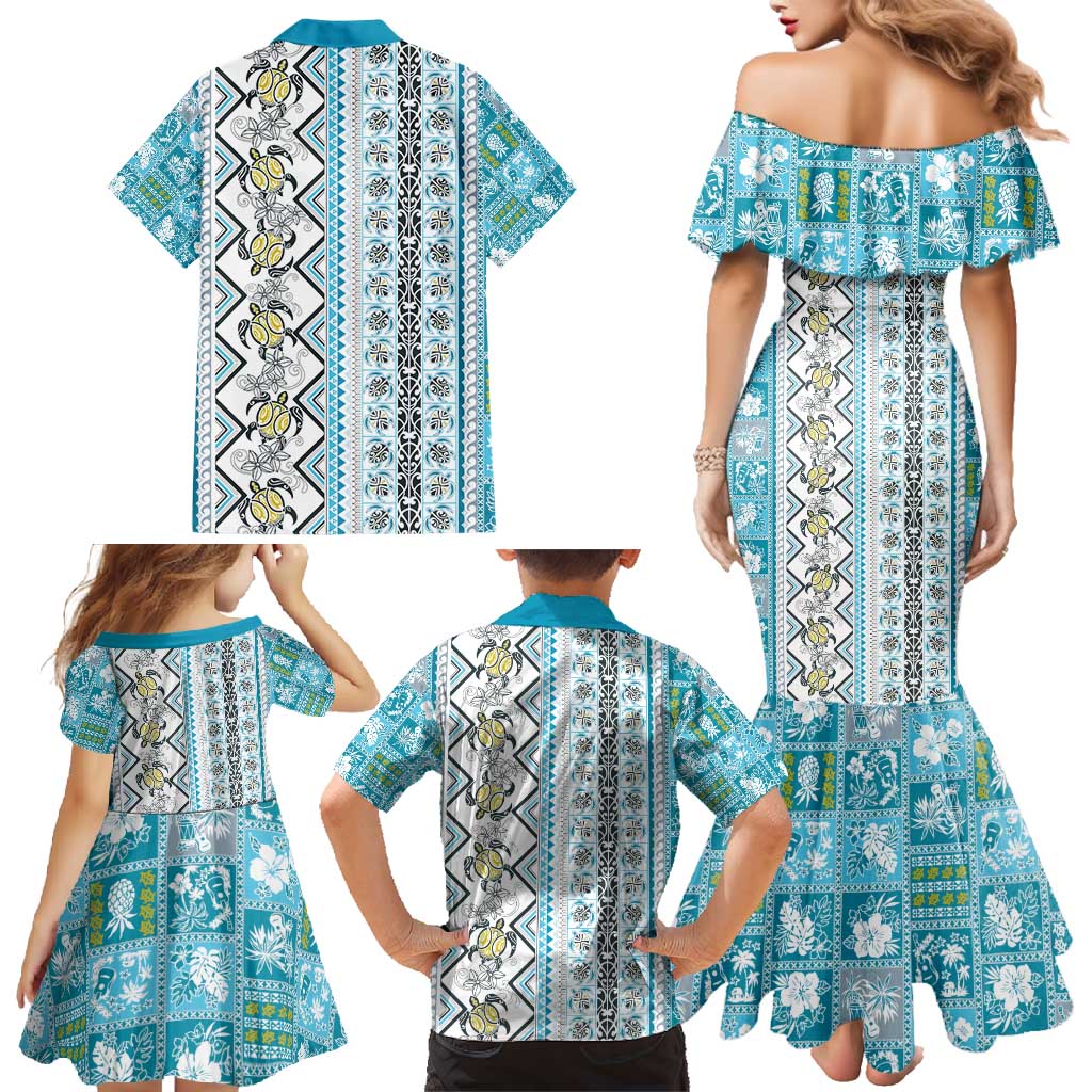 Hawaii Makahiki Turtle Family Matching Mermaid Dress and Hawaiian Shirt Blue Tapa Pattern - Polynesian Pride