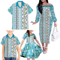 Hawaii Makahiki Turtle Family Matching Off The Shoulder Long Sleeve Dress and Hawaiian Shirt Blue Tapa Pattern - Polynesian Pride